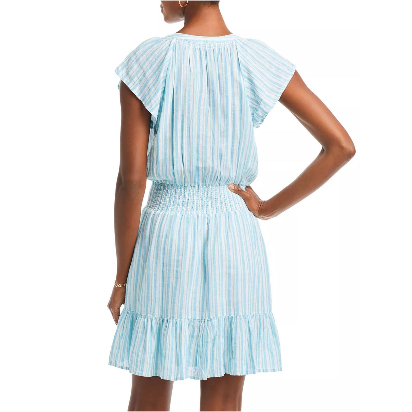 Rails Augustine Laguna Stripe Linen Blend Smocked Mini Dress Blue Women's Size S