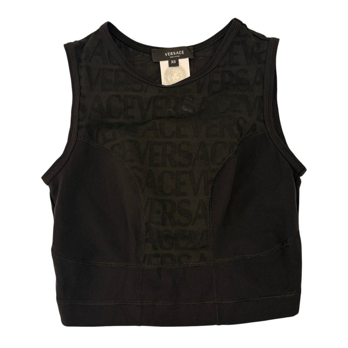 Versace Monogram Mesh Panel Sleeveless Crop Tank Top