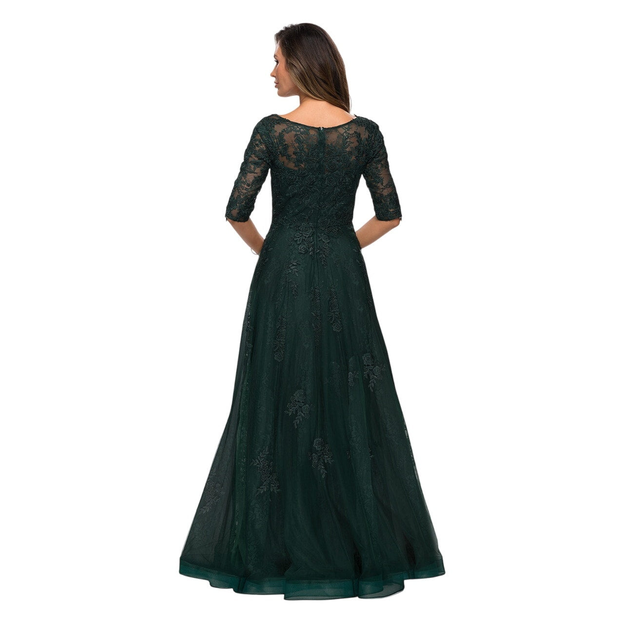 La Femme Floral Lace Illusion A-Line Formal Maxi Gown