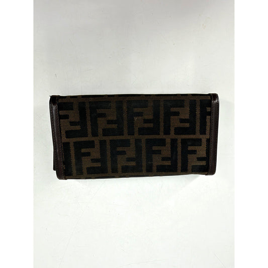 Fendi Zucca FF Canvas Long Flap Wallet Brown Silver Hardware