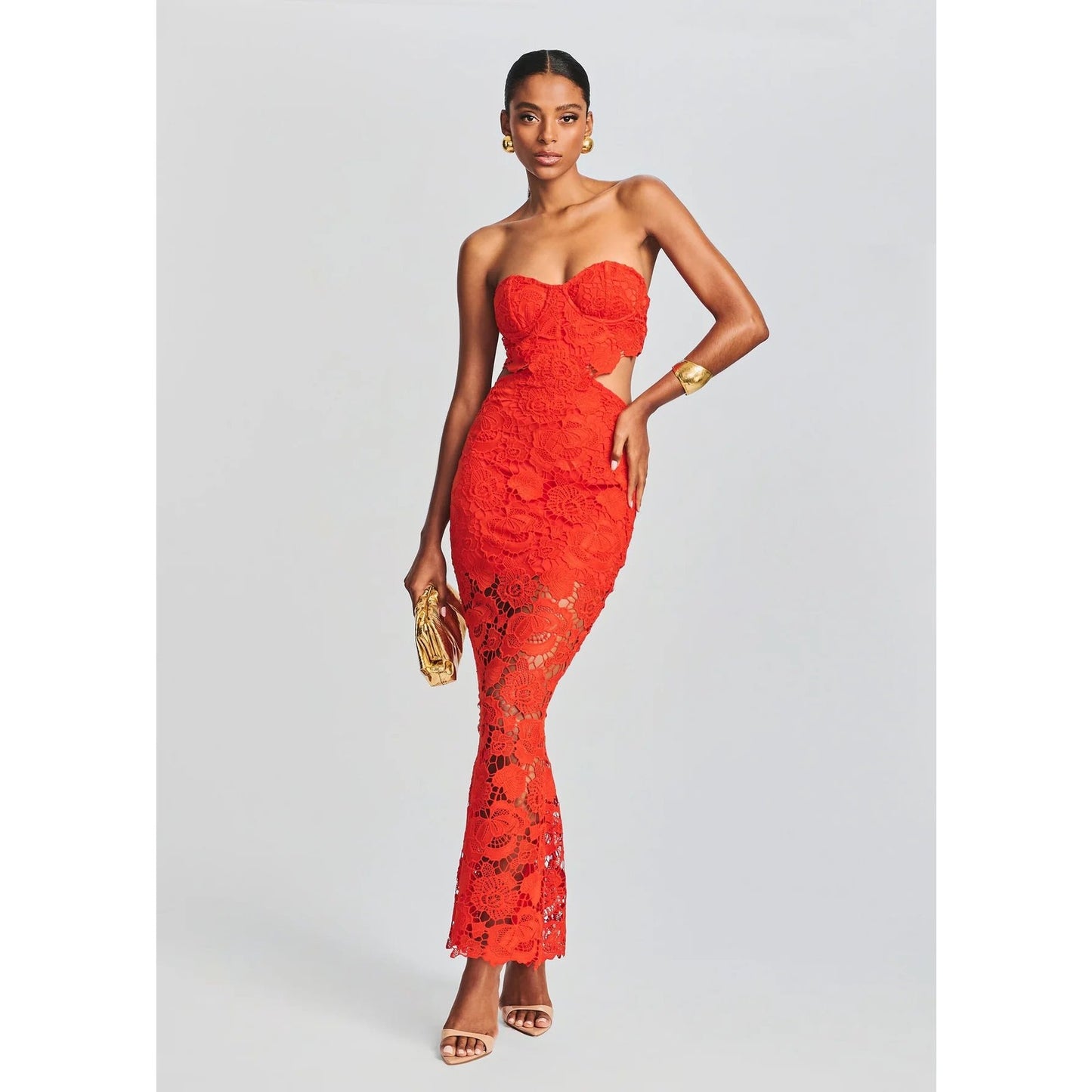 Retrofête Eliza Strapless Floral Lace Bodycon Maxi Dress in Orange, Women’s Size S