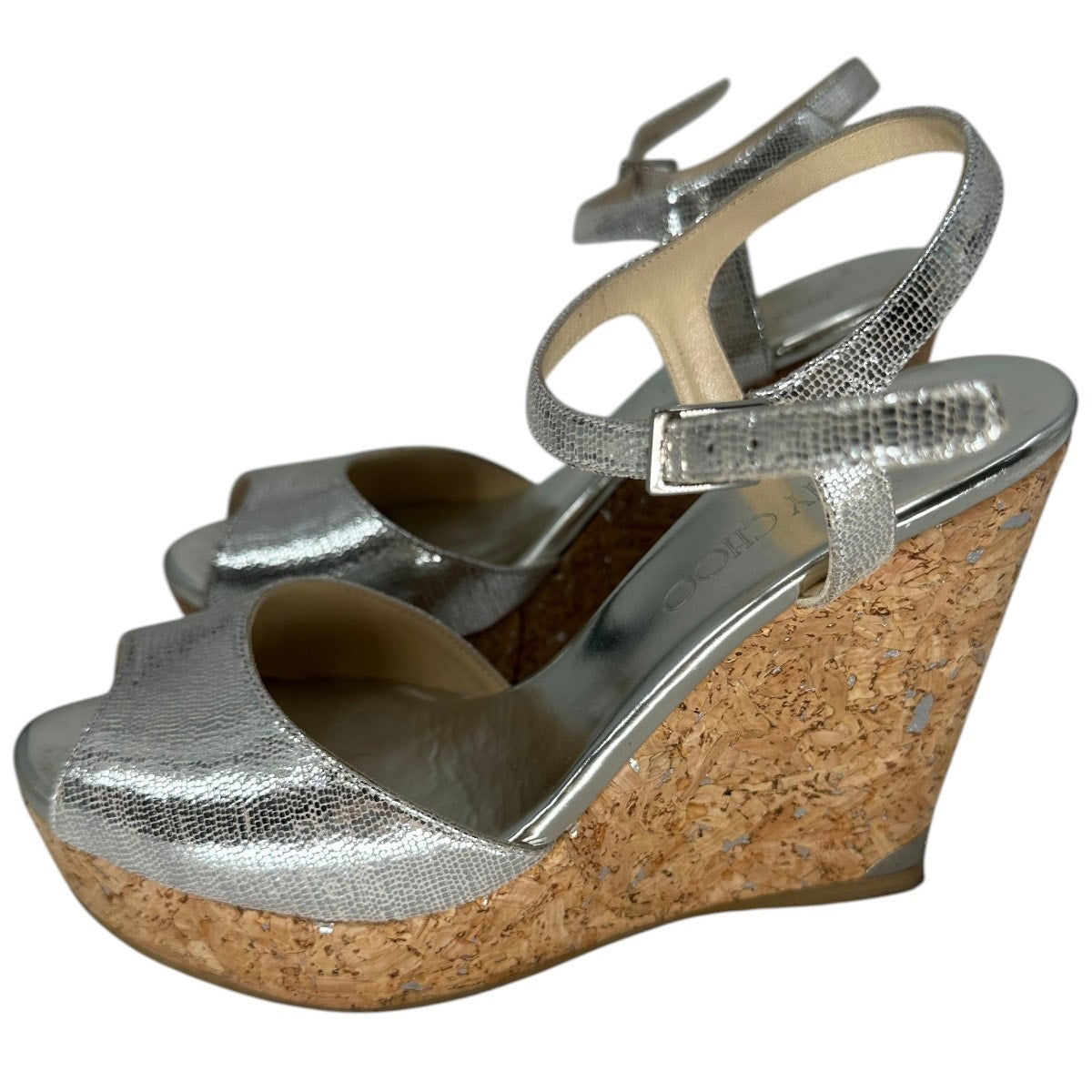 Jimmy Choo Metallic Leather Cork Wedge Sandals