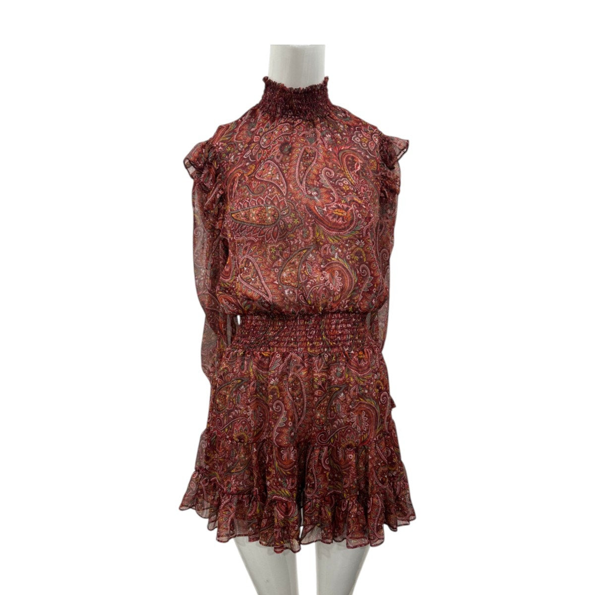 MISA Gianna Bohemian Paisley Chiffon Mini Dress High Neck Ruffle