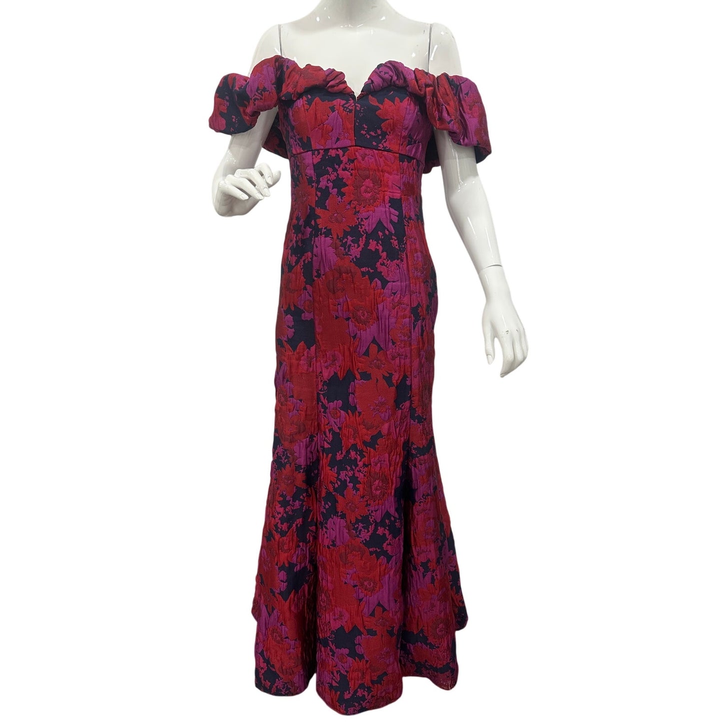 Aidan Mattox Navy Multi Floral Off Shoulder Ruffle Mermaid Gown