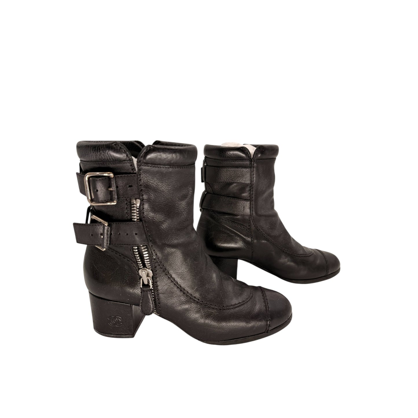 Chanel Leather Interlocking CC Logo Ankle Moto BIker Boots