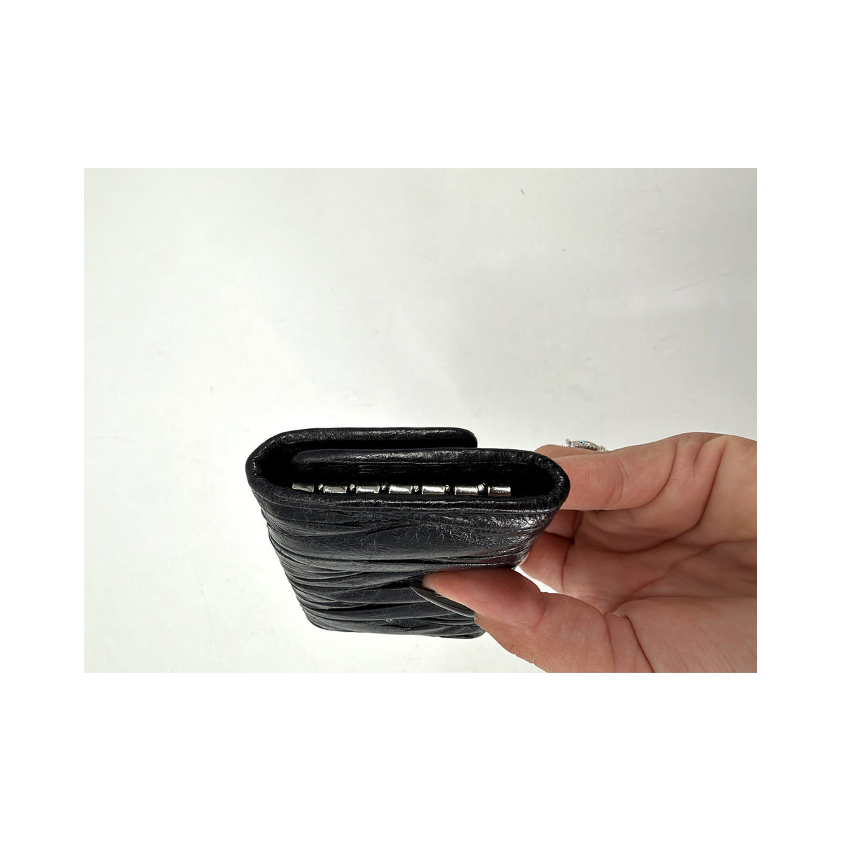 Miu Miu Matelasse Pleated Nappa Leather Key Case Black Silver