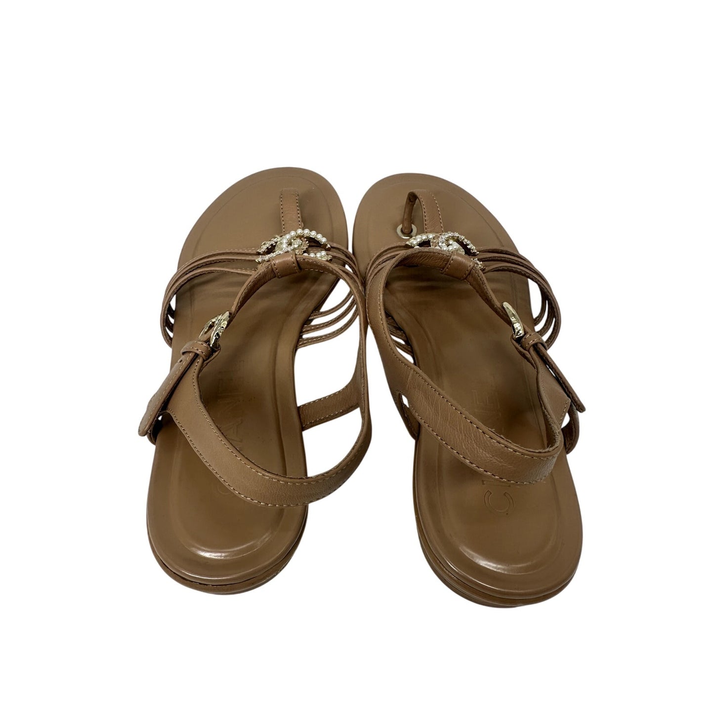Chanel Leather Interlocking CC Logo Strappy Thong Sandals