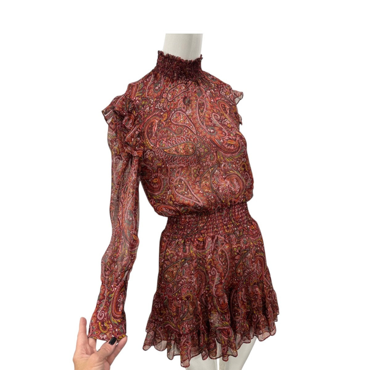 MISA Gianna Bohemian Paisley Chiffon Mini Dress High Neck Ruffle