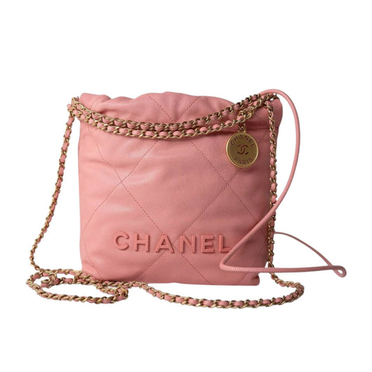 Chanel Caviar Leather Quilted Chain Strap 22 Mini Handbag Light Pink