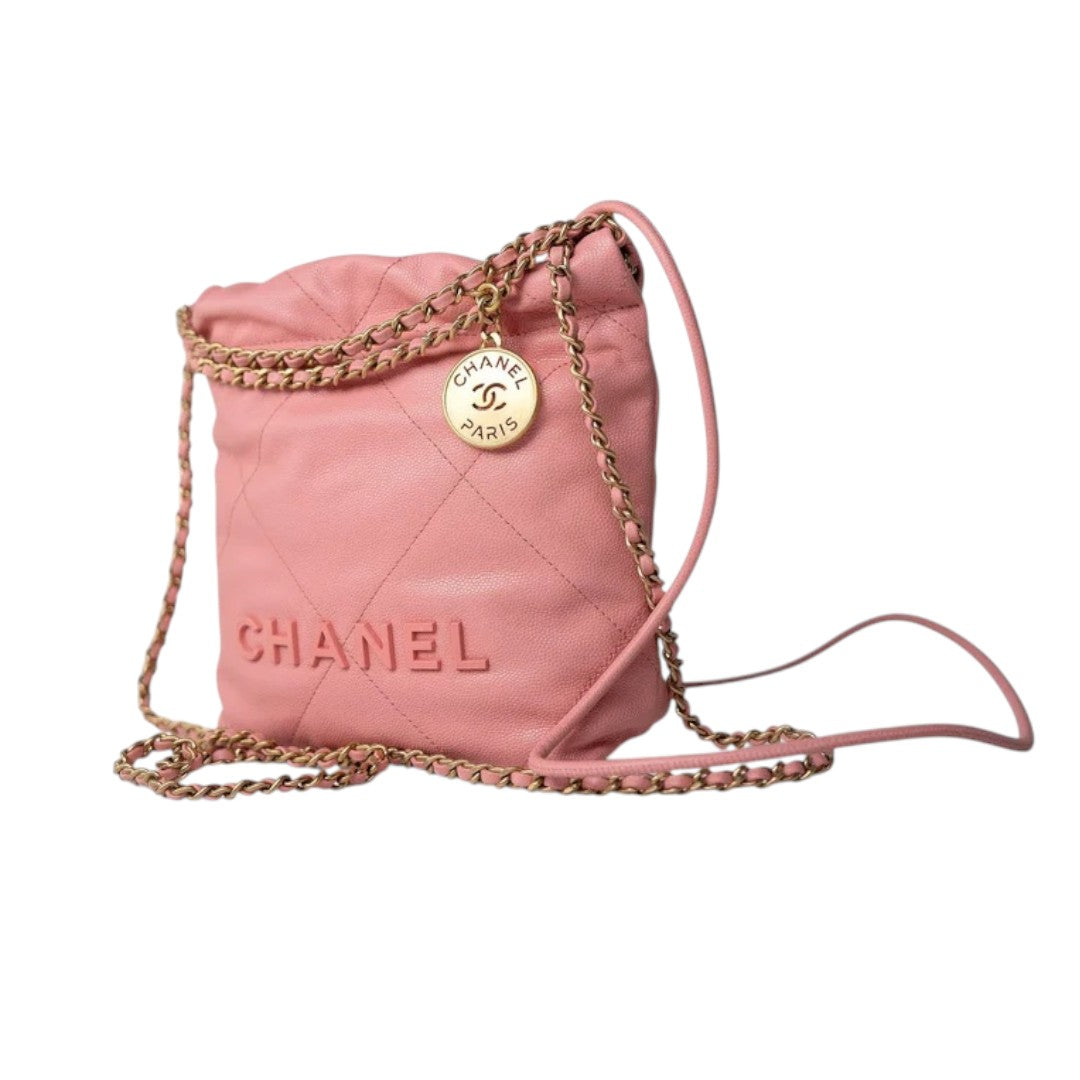 Chanel Caviar Leather Quilted Chain Strap 22 Mini Handbag Light Pink