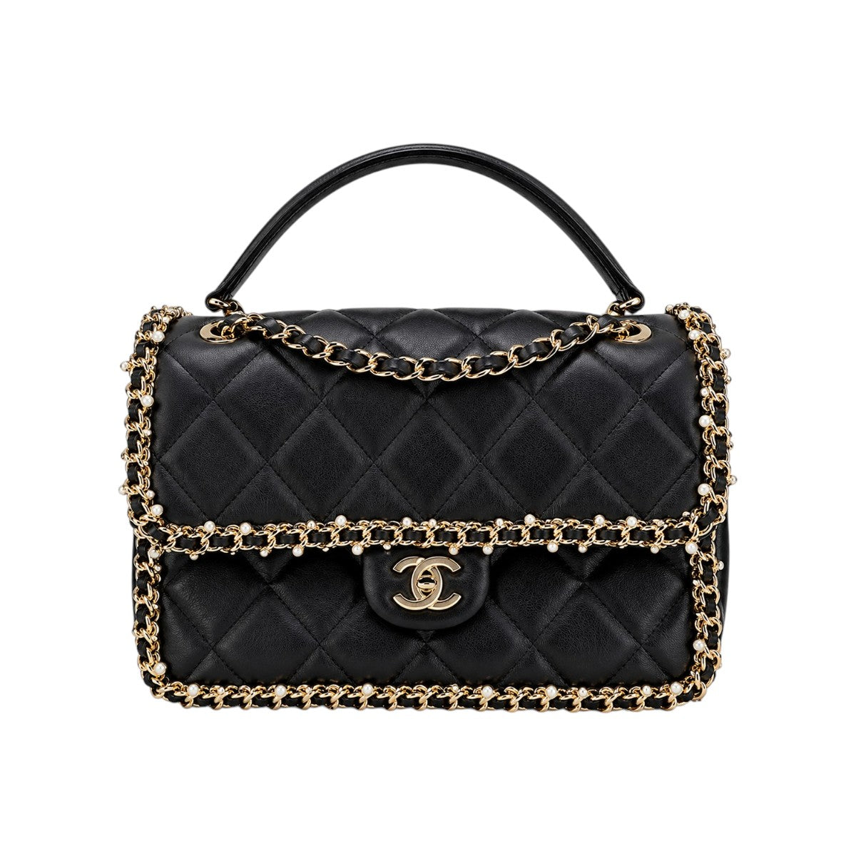 Chanel Leather Quilted CC Logo Pearl Chain Around Flap Shoulder Bag