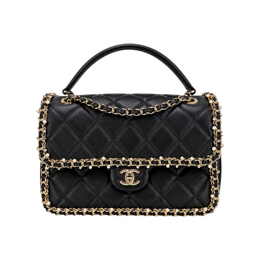 Chanel Leather Quilted CC Logo Pearl Chain Around Flap Shoulder Bag