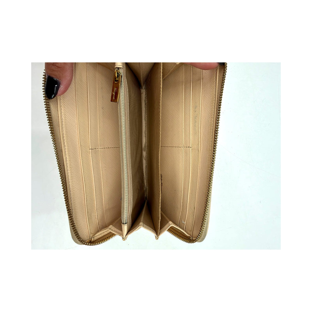 Salvatore Ferragamo Gancini Cream Textured Leather Long Wallet