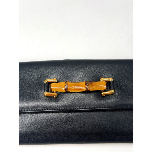 Gucci Black Leather Bamboo Accent Continental Long Wallet