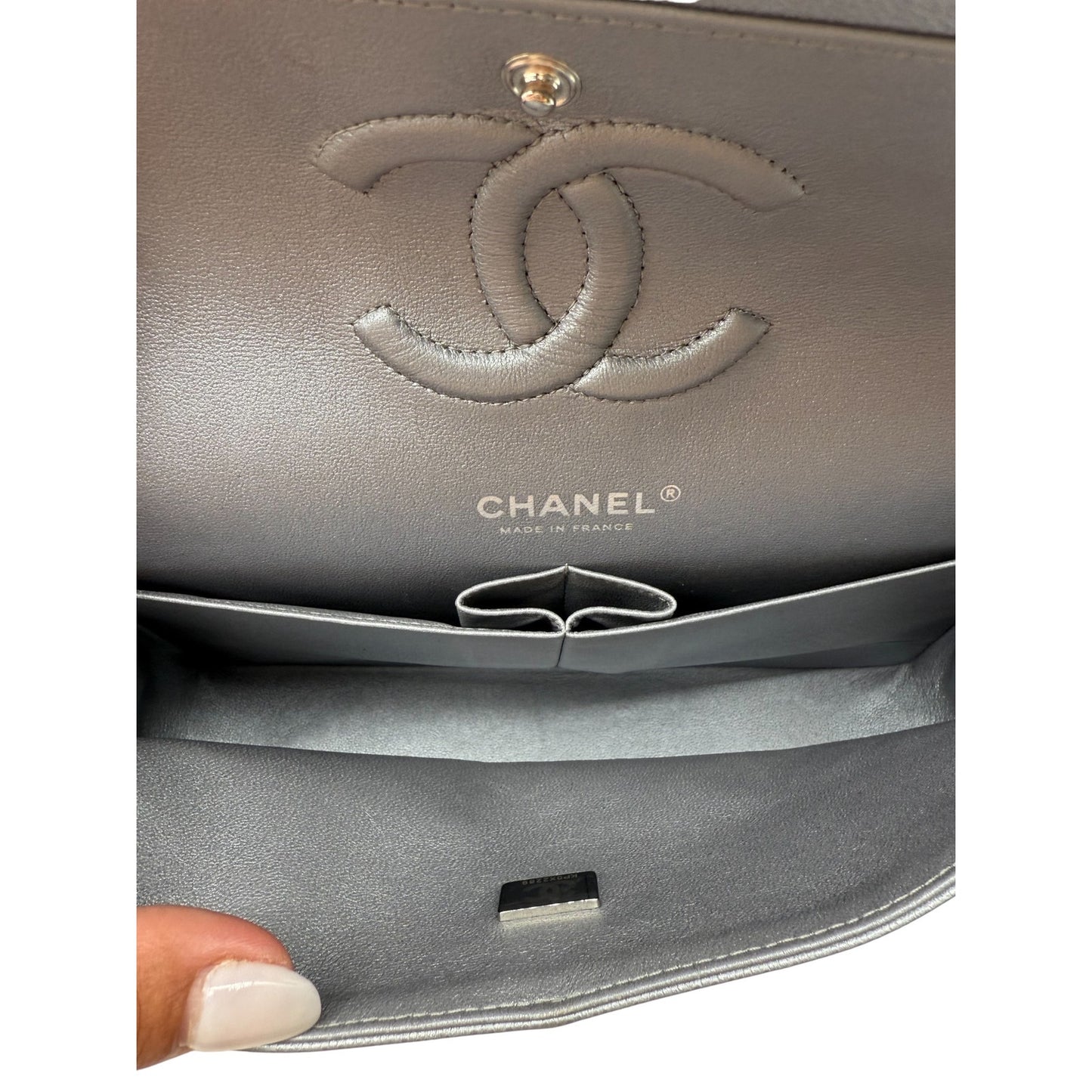 Chanel Leather Quilted Classic Double Flap CC Logo Medium Crossbody Bag Silver