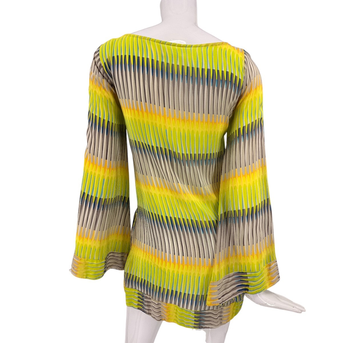 Alexis Silk Geometric Stripe Bell Sleeve Tunic Blouse Yellow Gray Women's Size S