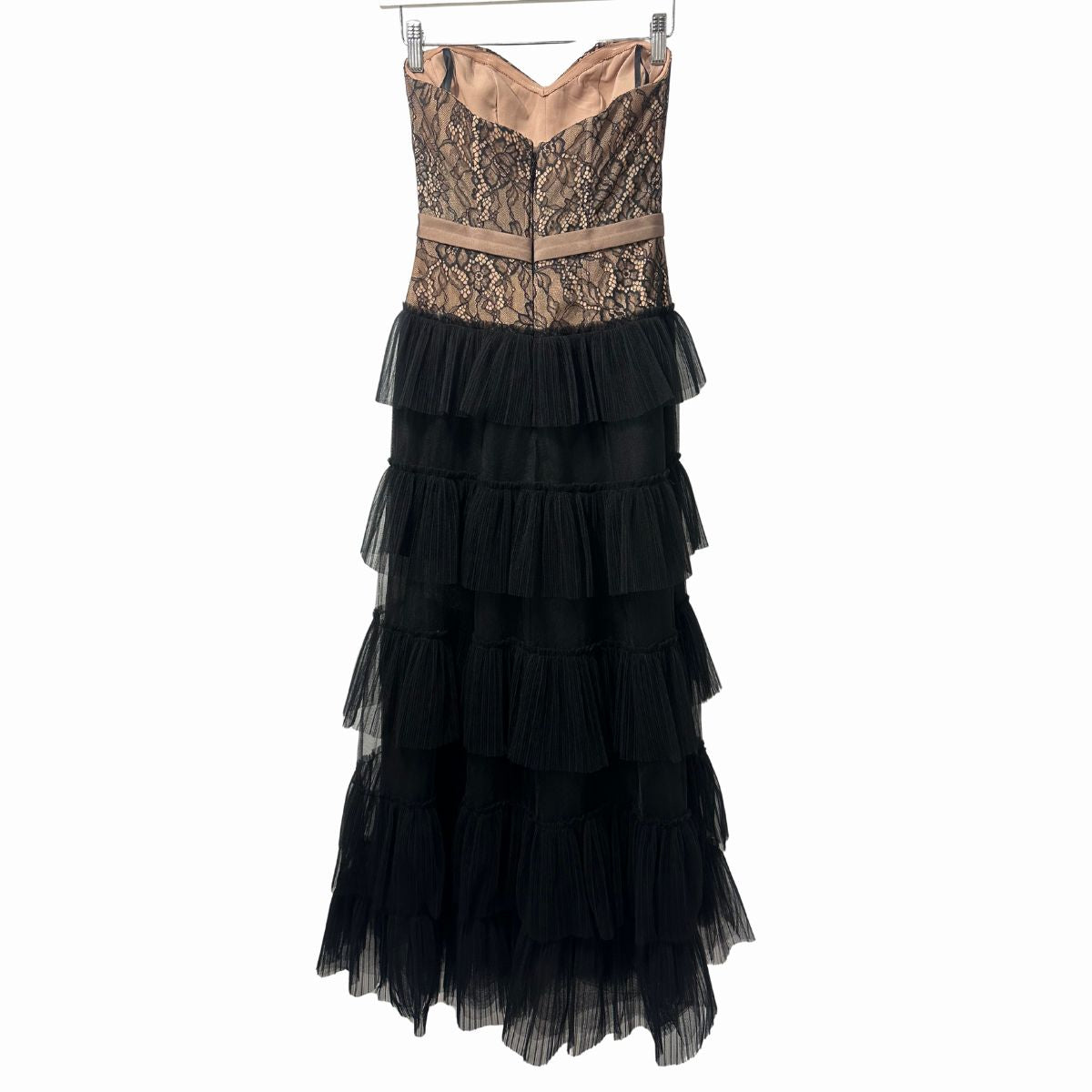 BCBGMAXAZRIA Strapless Floral Lace & Tulle Ruffle Maxi Evening Gown