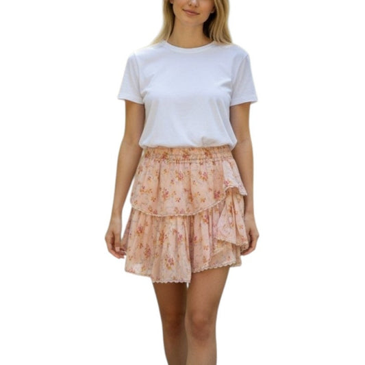 LoveShackFancy Silk Ruffle Floral Print Mini Skirt