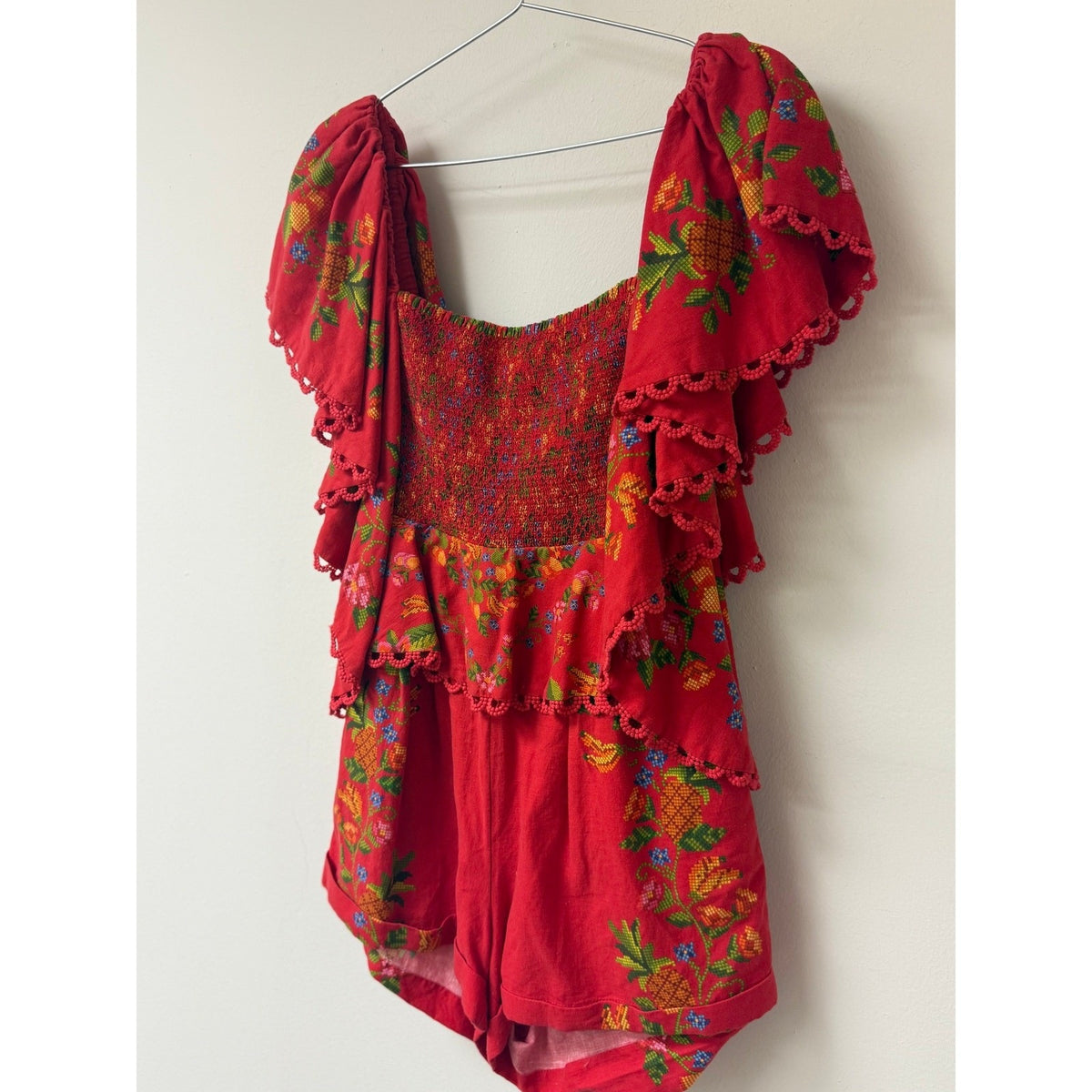 Farm Rio Red Ruffle Smocked Romper Tropical Romance Women's Size M