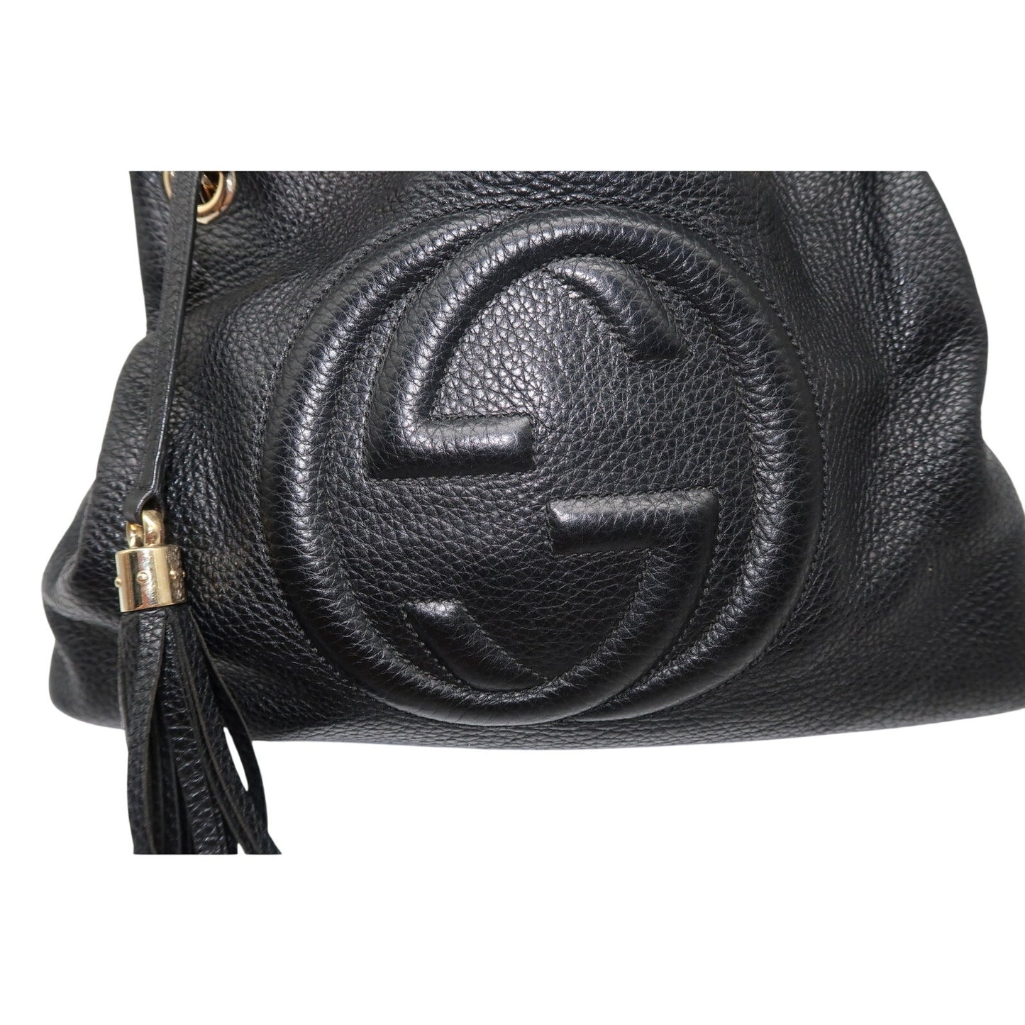 Gucci Soho GG Logo Chain Strap Shoulder Bag Black Pebbled Leather