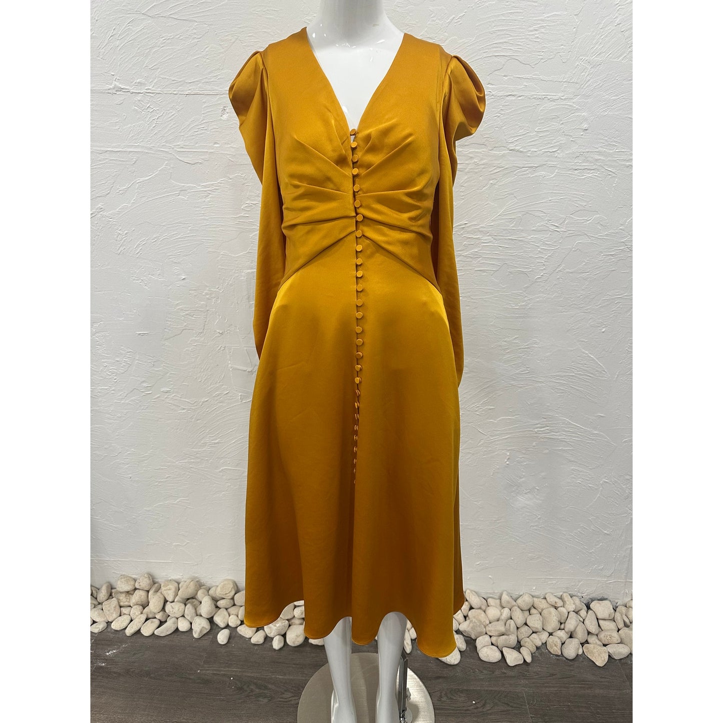 Jonathan Simkhai Satin V-Neck Long Sleeve Ruched Midi Dress  Women's