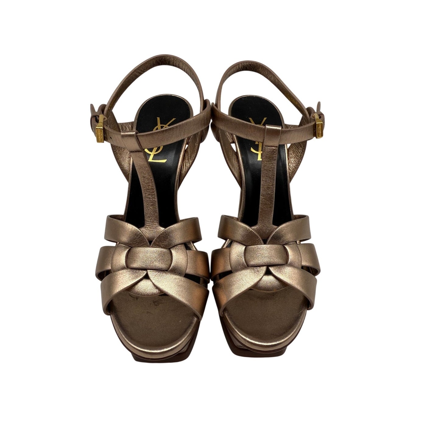 Saint Laurent Metallic Leather Tribute Ankle Strap Platform Sandals Gold Size 36