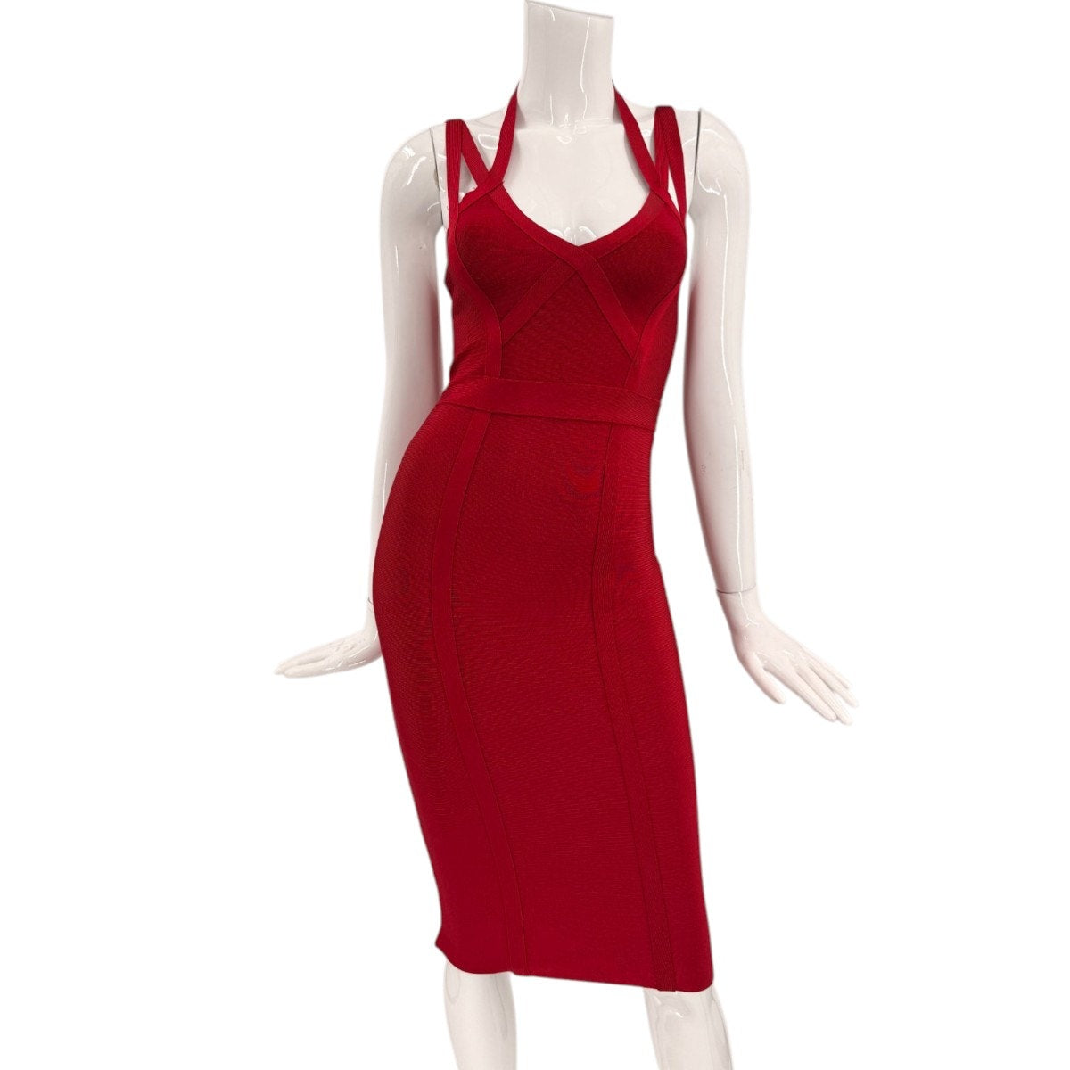 Bebe Red Bandage Halter Strappy V-Neck Bodycon Midi Dress Women's Size Small