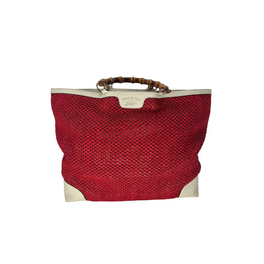 Gucci Raffia Straw Mesh Bamboo Handle Tote Bag