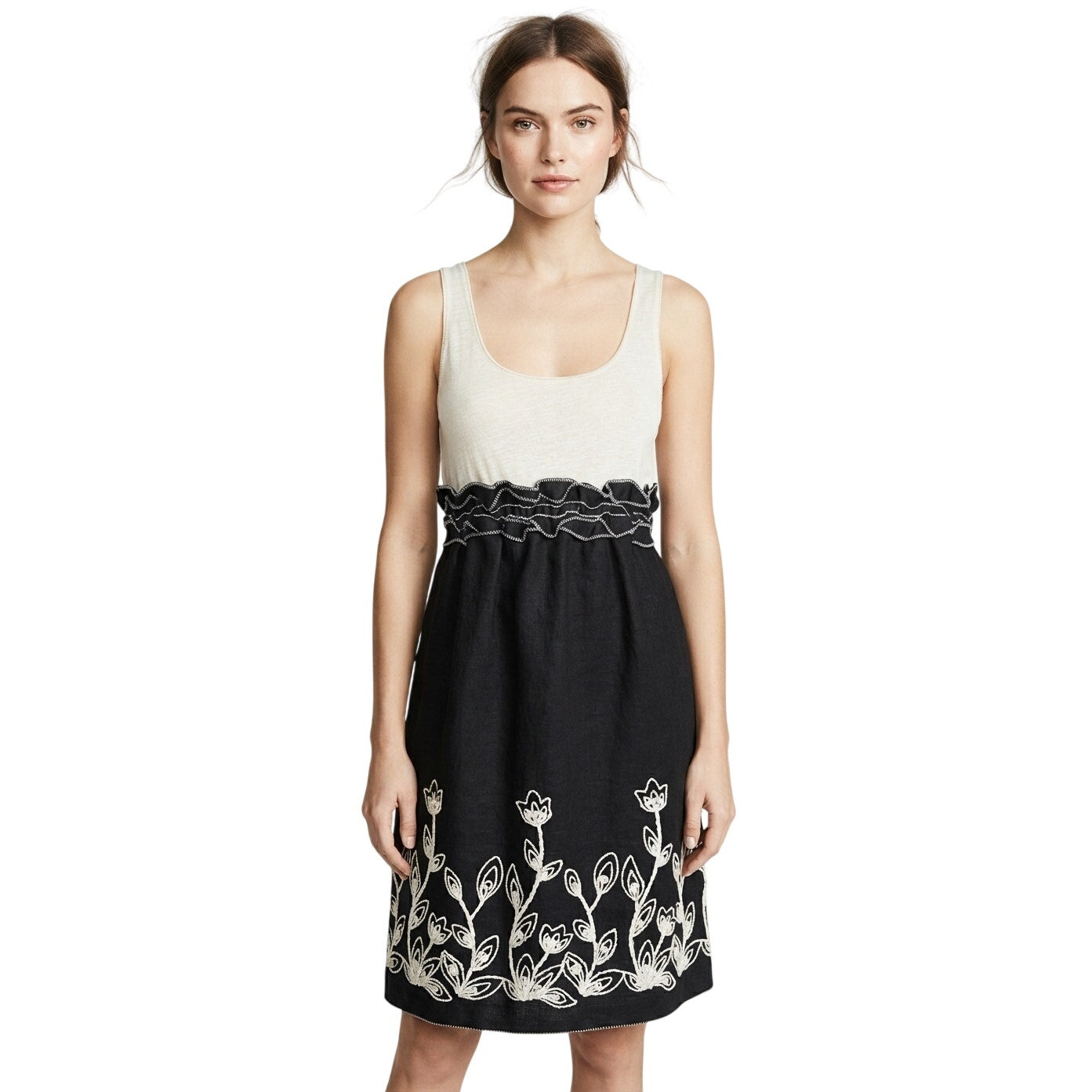Studio M Cotton Embroidered Ruffle Sleeveless Tank Dress Off-White Black Size M