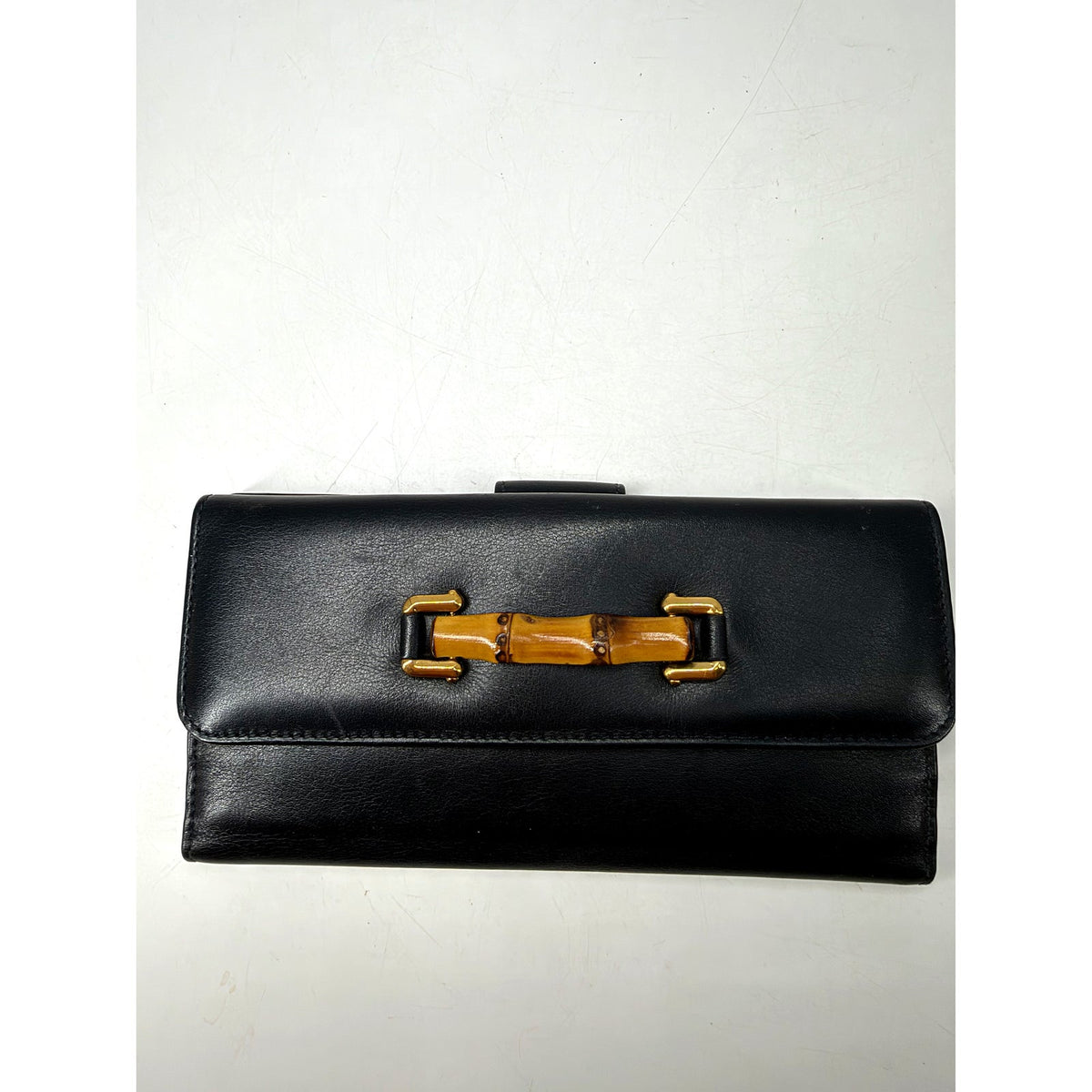 Gucci Black Leather Bamboo Accent Continental Long Wallet