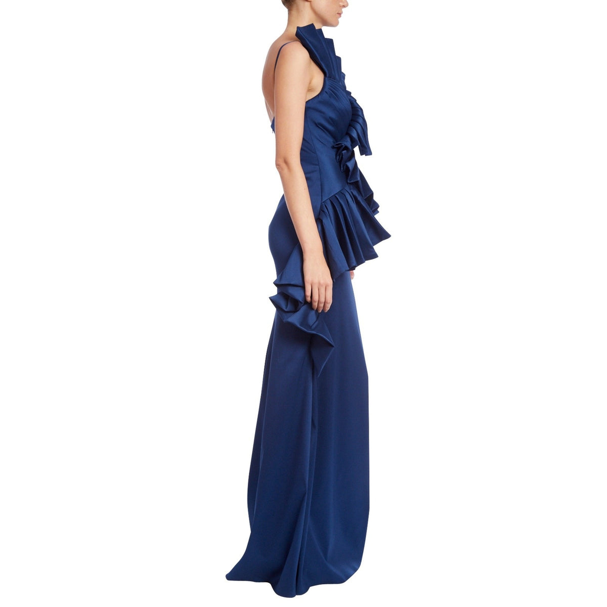Badgley Mischka Blue Sculptural Swirl Maxi Evening Dress Ruffle Accent