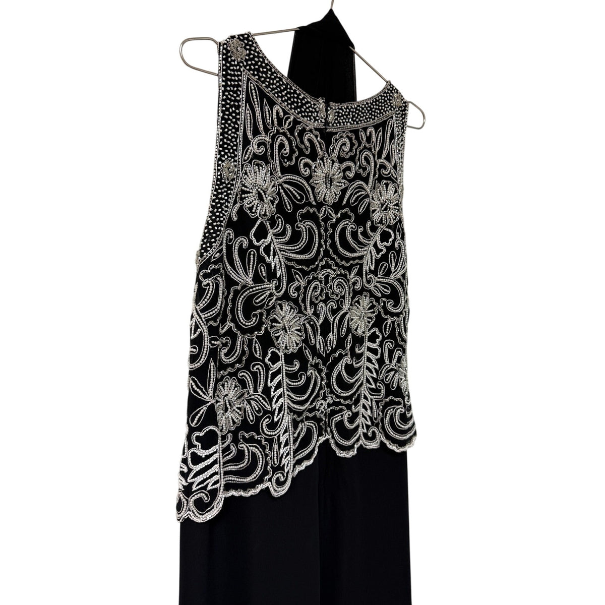 J Kara Black Scallop Beaded Sleeveless A-Line Maxi Dress Sheer Scarf