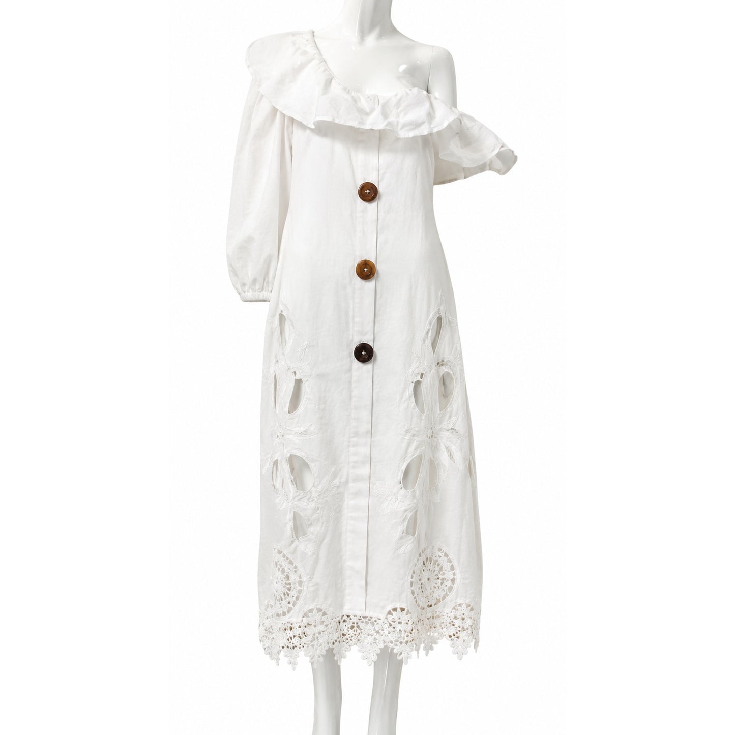Myriam Annoyave A. Cotton Linen Embroidered Cutout Off One Shoulder Midi Dress