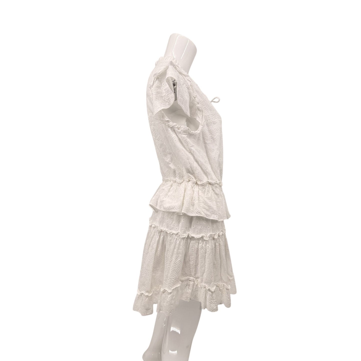 MISA Los Angeles Iliana  Eyelet Ruffle Tiered Mini Dress White Size Large