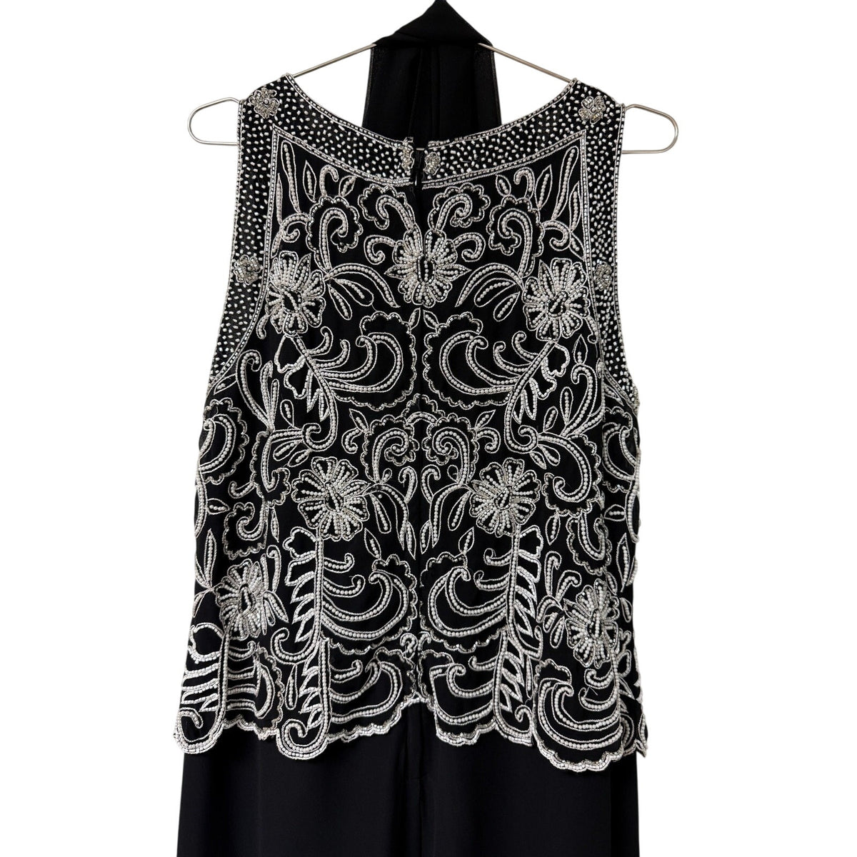 J Kara Black Scallop Beaded Sleeveless A-Line Maxi Dress Sheer Scarf