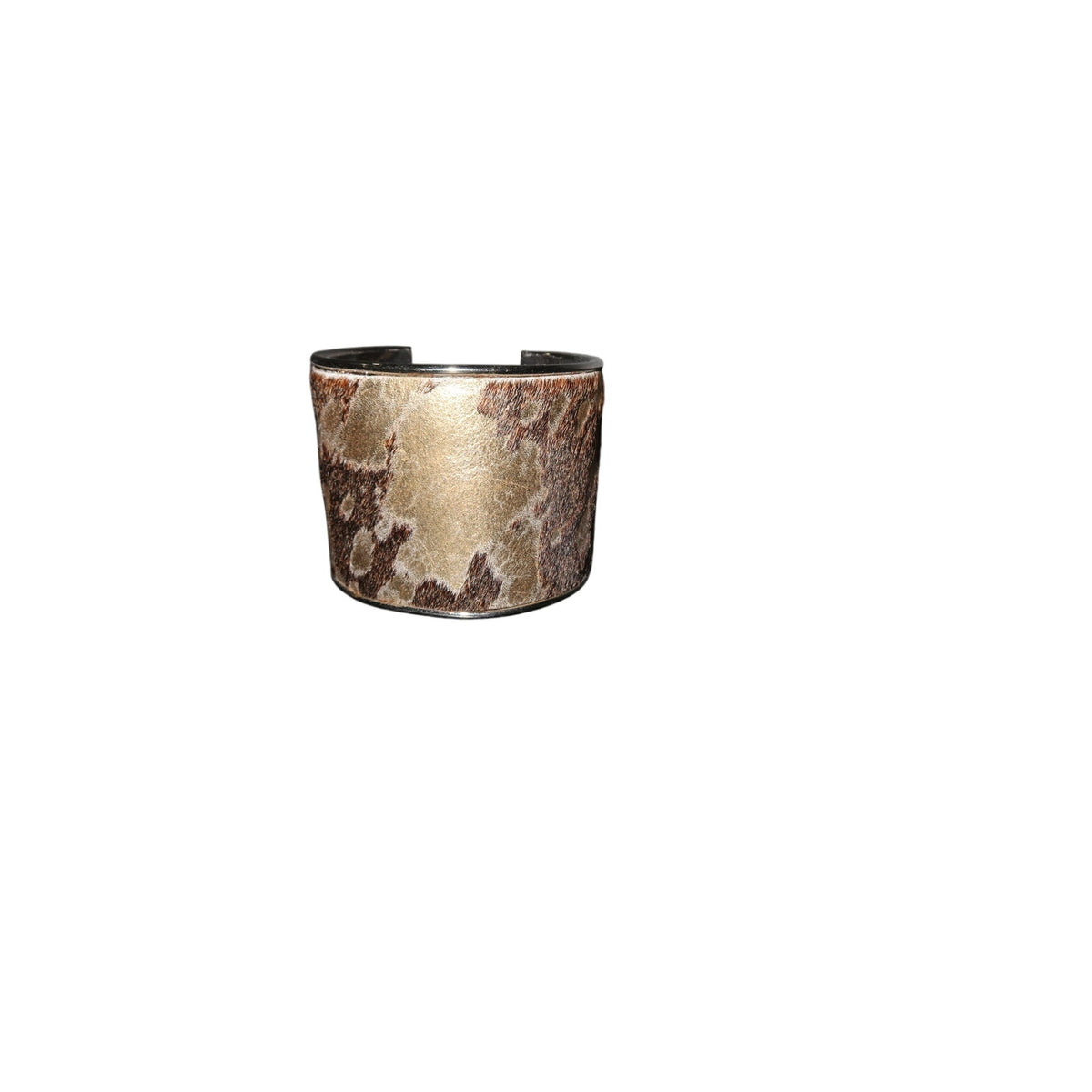 Metallic Hair-On Cowhide Wide Cuff Bracelet Gold Brown Silver-Tone Western Boho