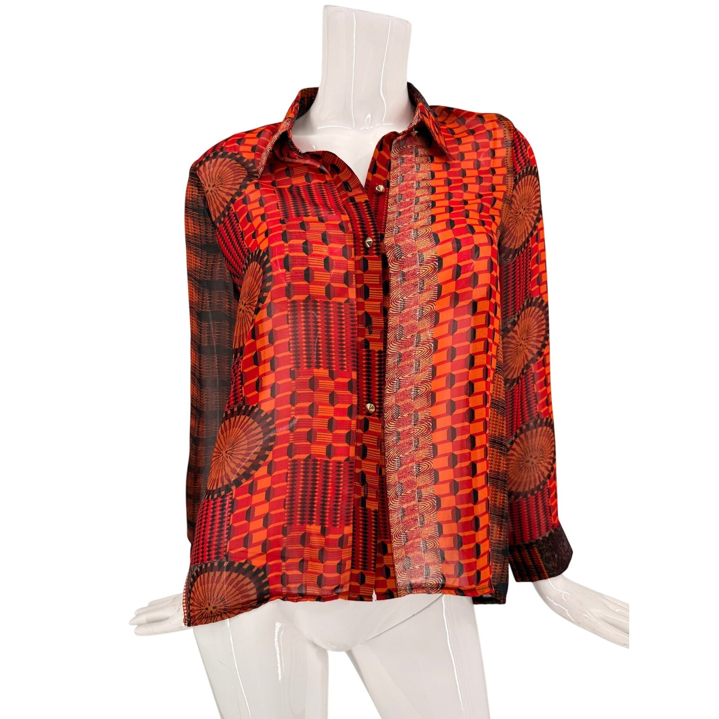 Sans Souci Sheer Geometric Print Button Front Blouse