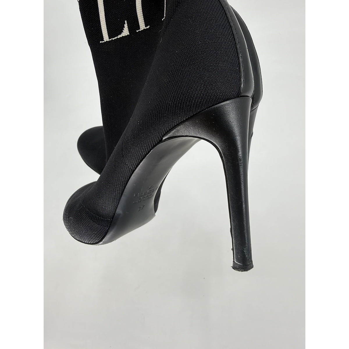 Valentino Garavani VLTN Knit Sock Ankle Boots Rockstud Black White 37