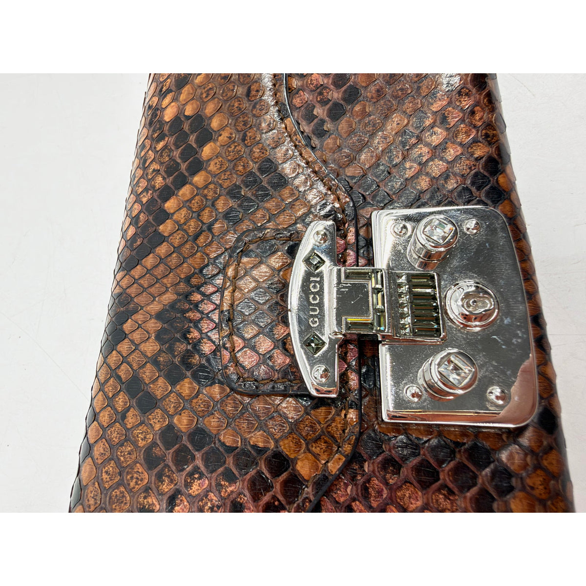 Gucci Python Snakeskin Flap Wallet Brown Silver Turnlock