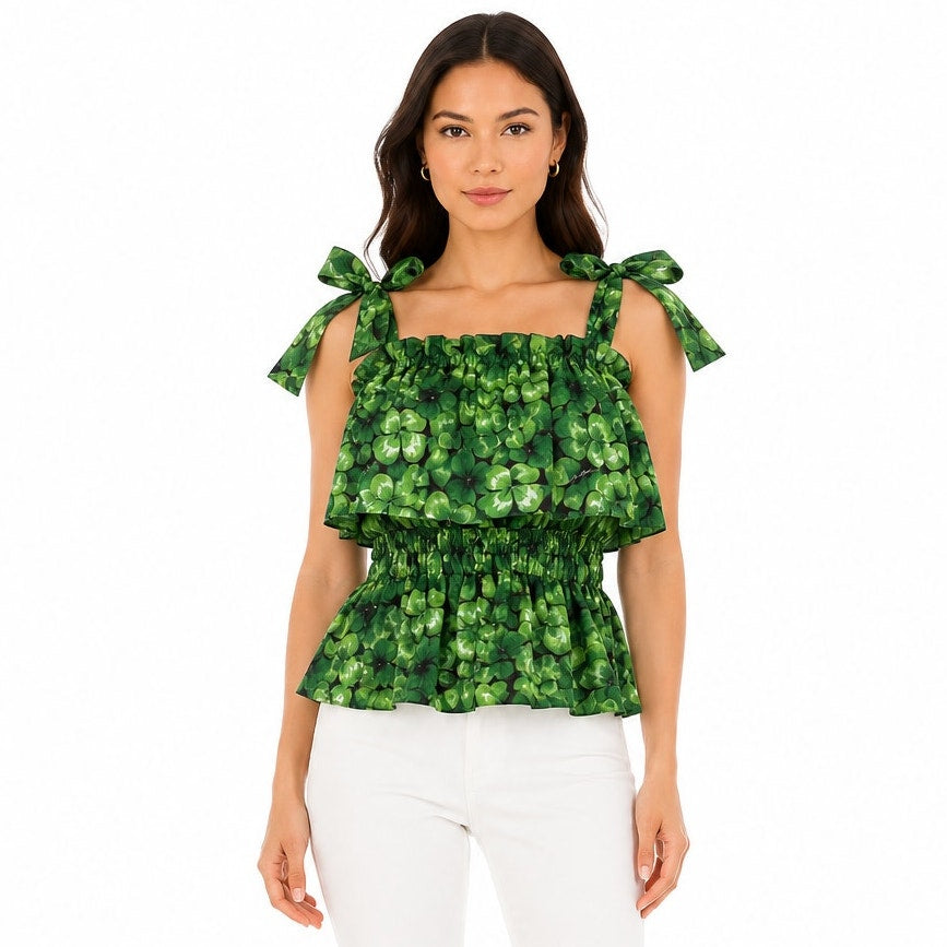 Dolce & Gabbana Cotton Clover Print Ruffle Peplum Top Green IT 36 / US XS