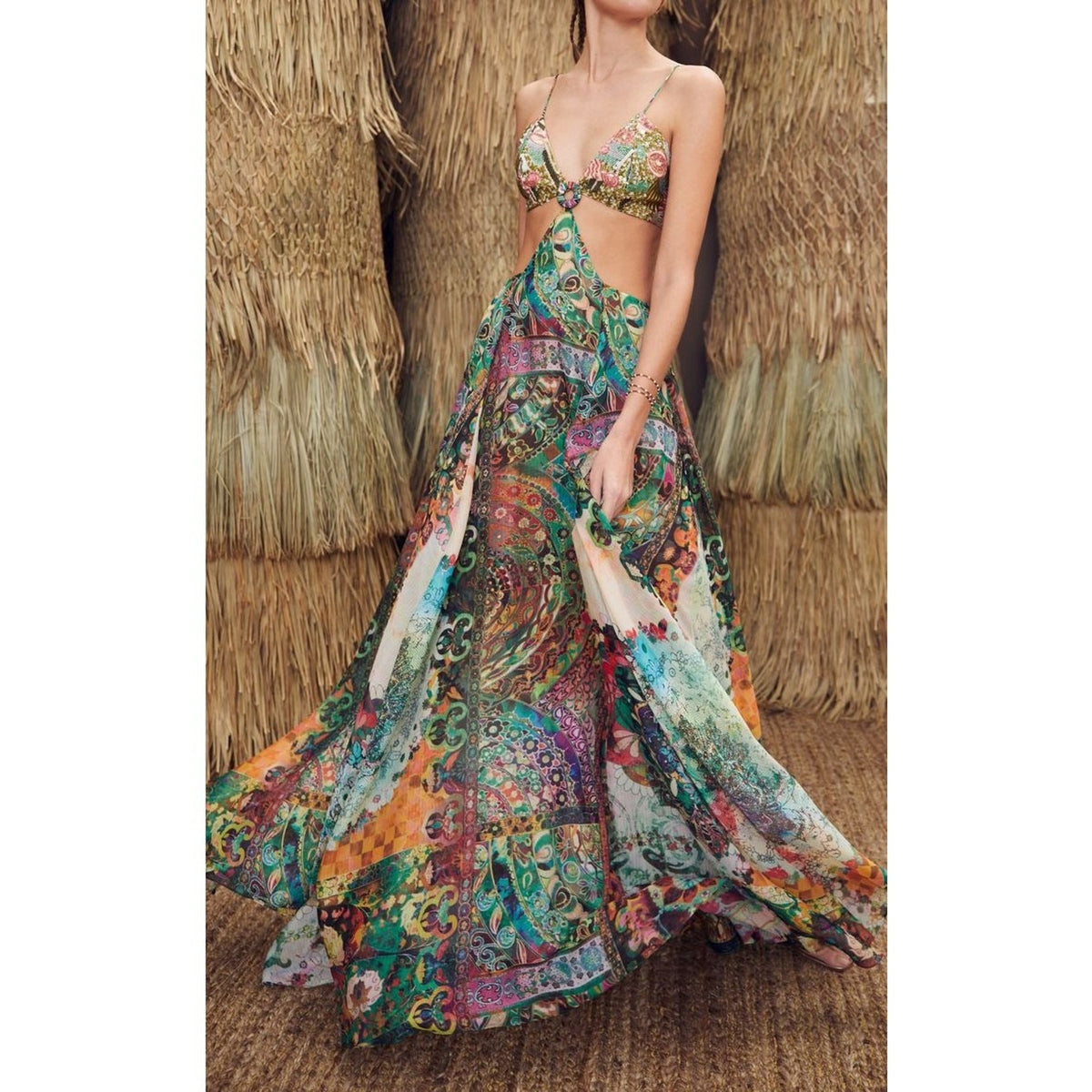 Alexis Sequined Paisley Print Cut-Out Pleated Maxi Dress