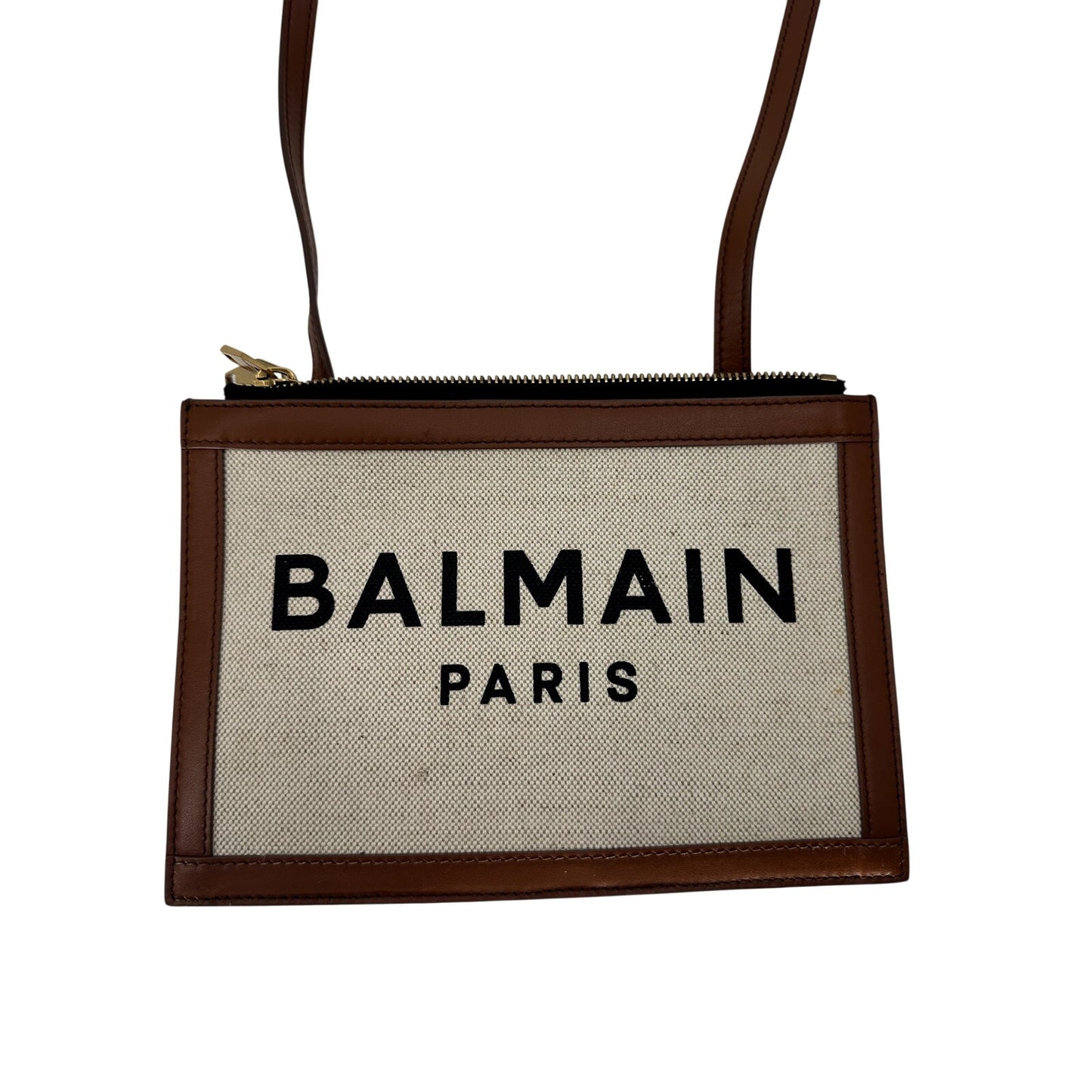 Balmain Canvas Leather Logo Graphic Triple Compartment Zip Pouch Crossbody Bag