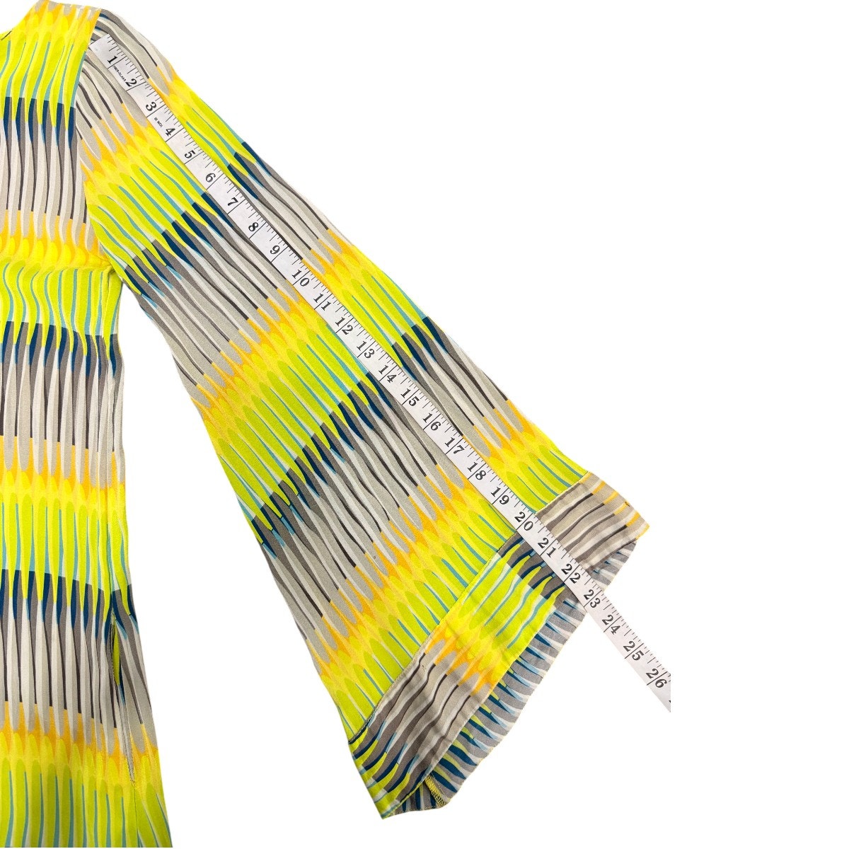 Alexis Silk Geometric Stripe Bell Sleeve Tunic Blouse Yellow Gray Women's Size S