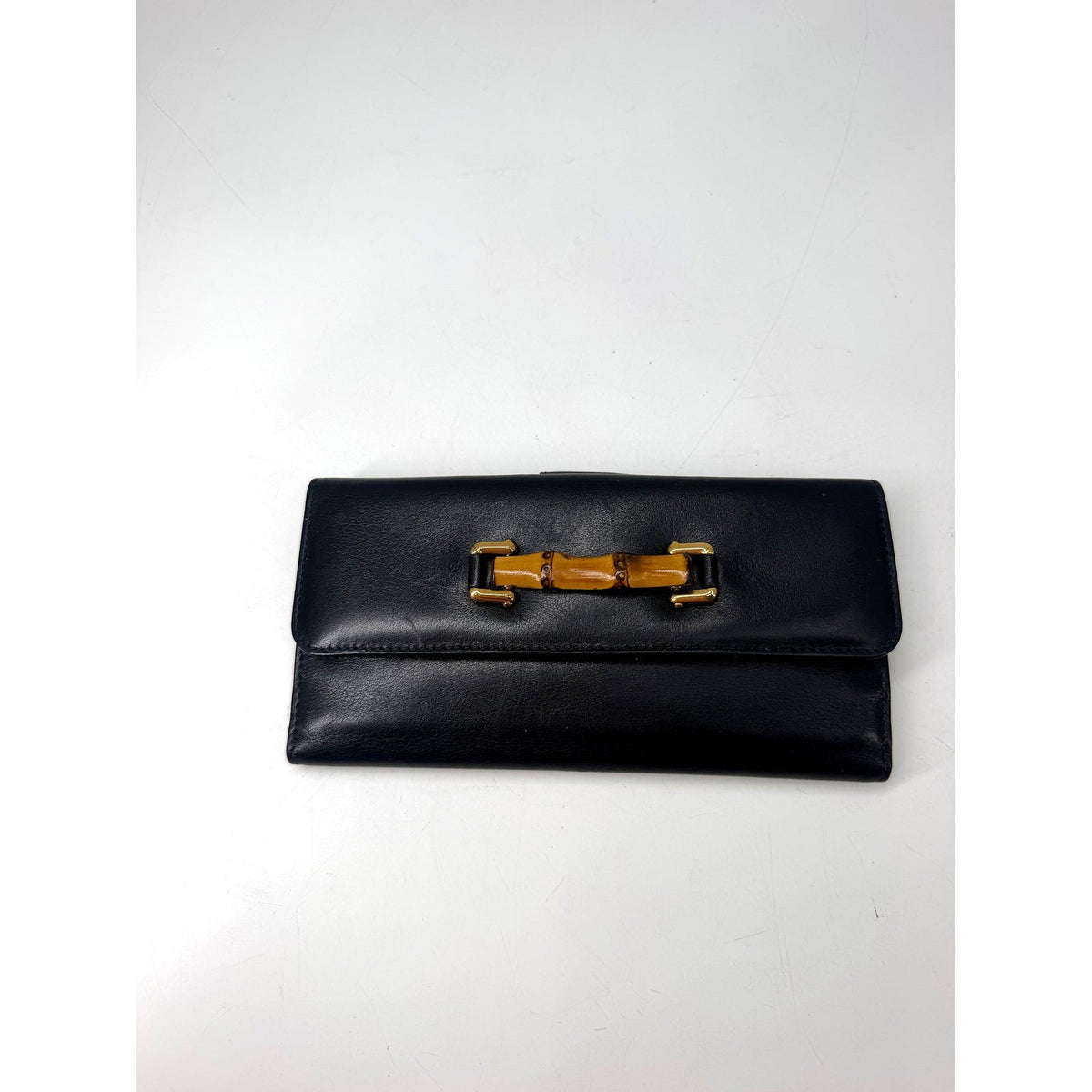 Gucci Black Leather Bamboo Accent Continental Long Wallet