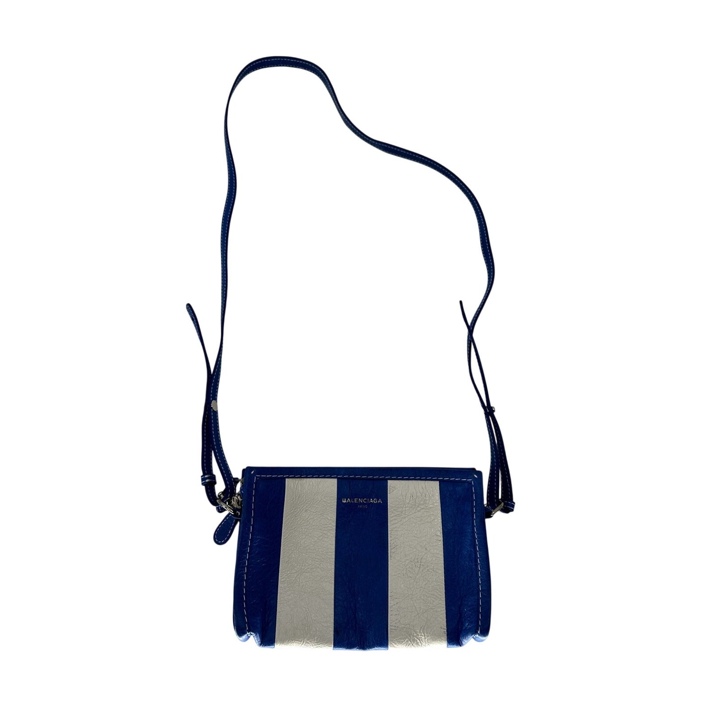 Balenciaga Lambskin Leather Bazar Striped Crossbody Zip Pouch Bag Blue White