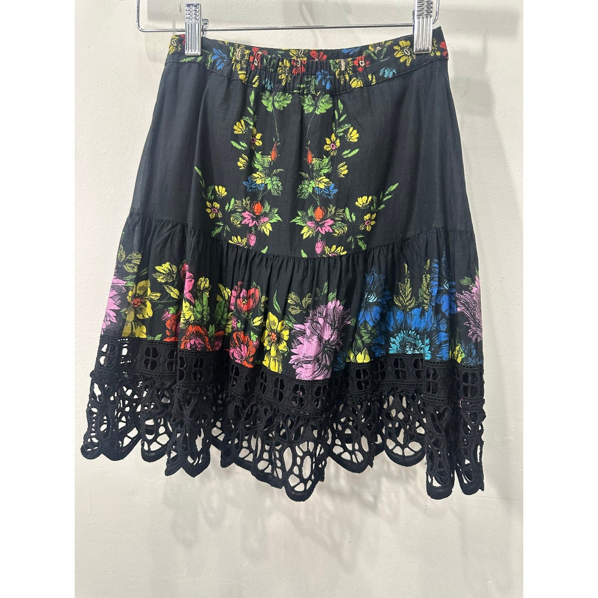 Charo Ruiz Ibiza Eibis Mini Skirt Black Floral Print Lace Trim