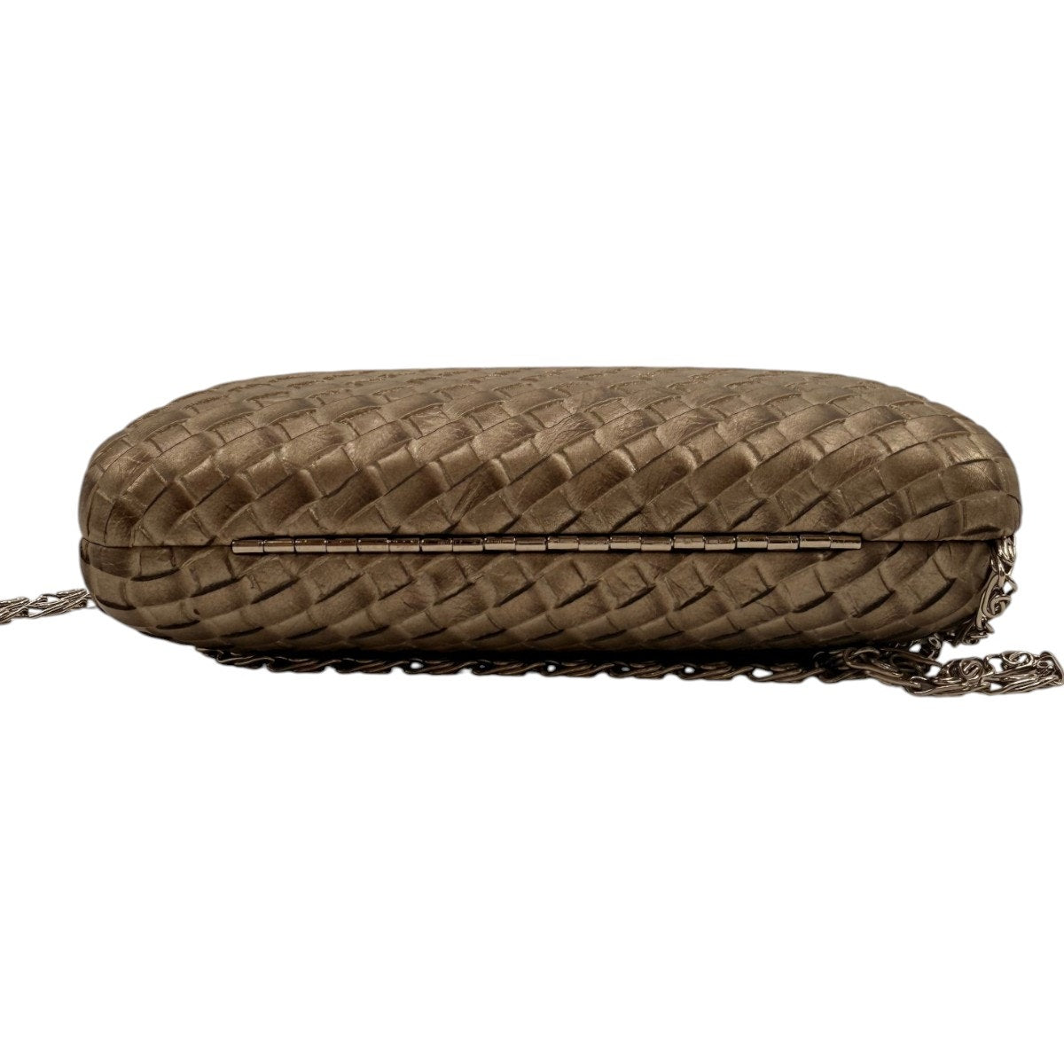 Woven Metallic Box Clutch Bag Taupe Bronze Push Clasp Silver Chain Evening Purse