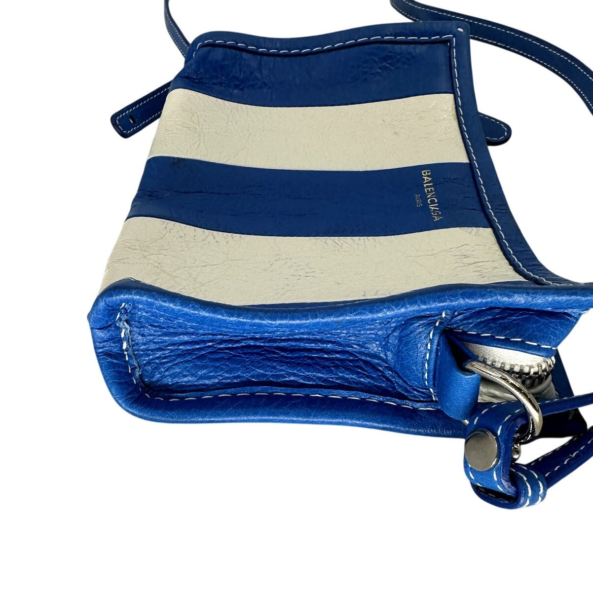 Balenciaga Lambskin Leather Bazar Striped Crossbody Zip Pouch Bag Blue White