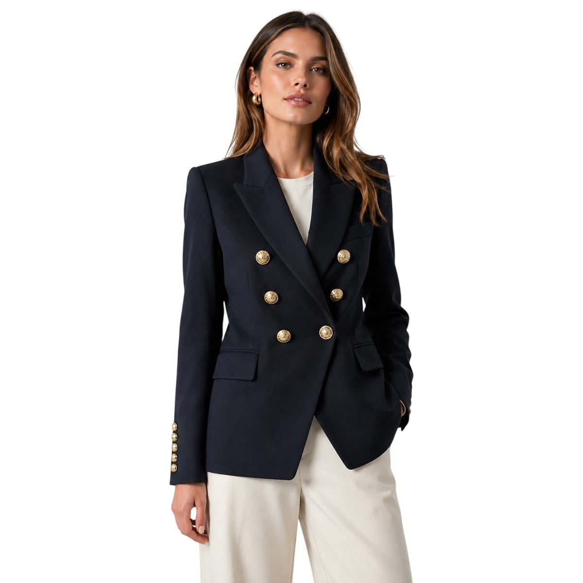 Balmain Double Breasted Wool Blazer Navy Blue Gold Button