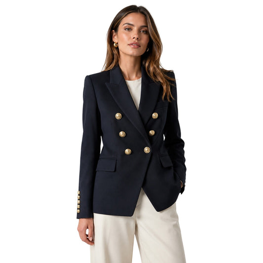 Balmain Double Breasted Wool Blazer Navy Blue Gold Button